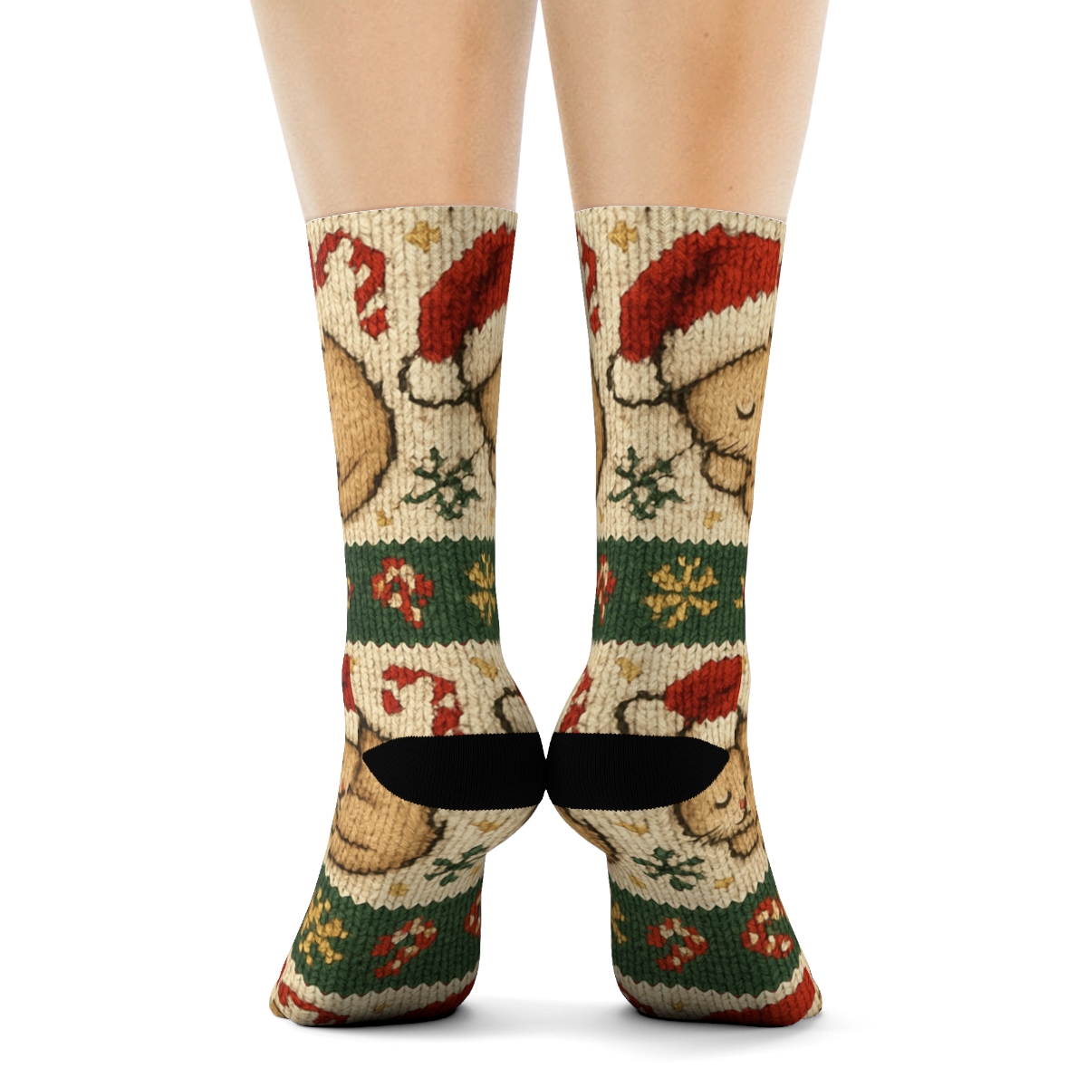 Cozy Knitted Santa Hat Kittens Fair Isle Stripe On Warm Ivory Background personalized crew socks