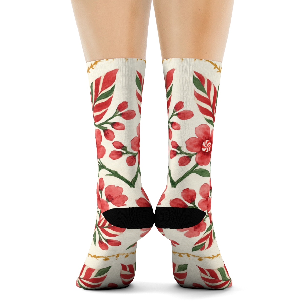 Candy Cane Cherry Blossom Chevron On Warm Ivory Background custom crew socks