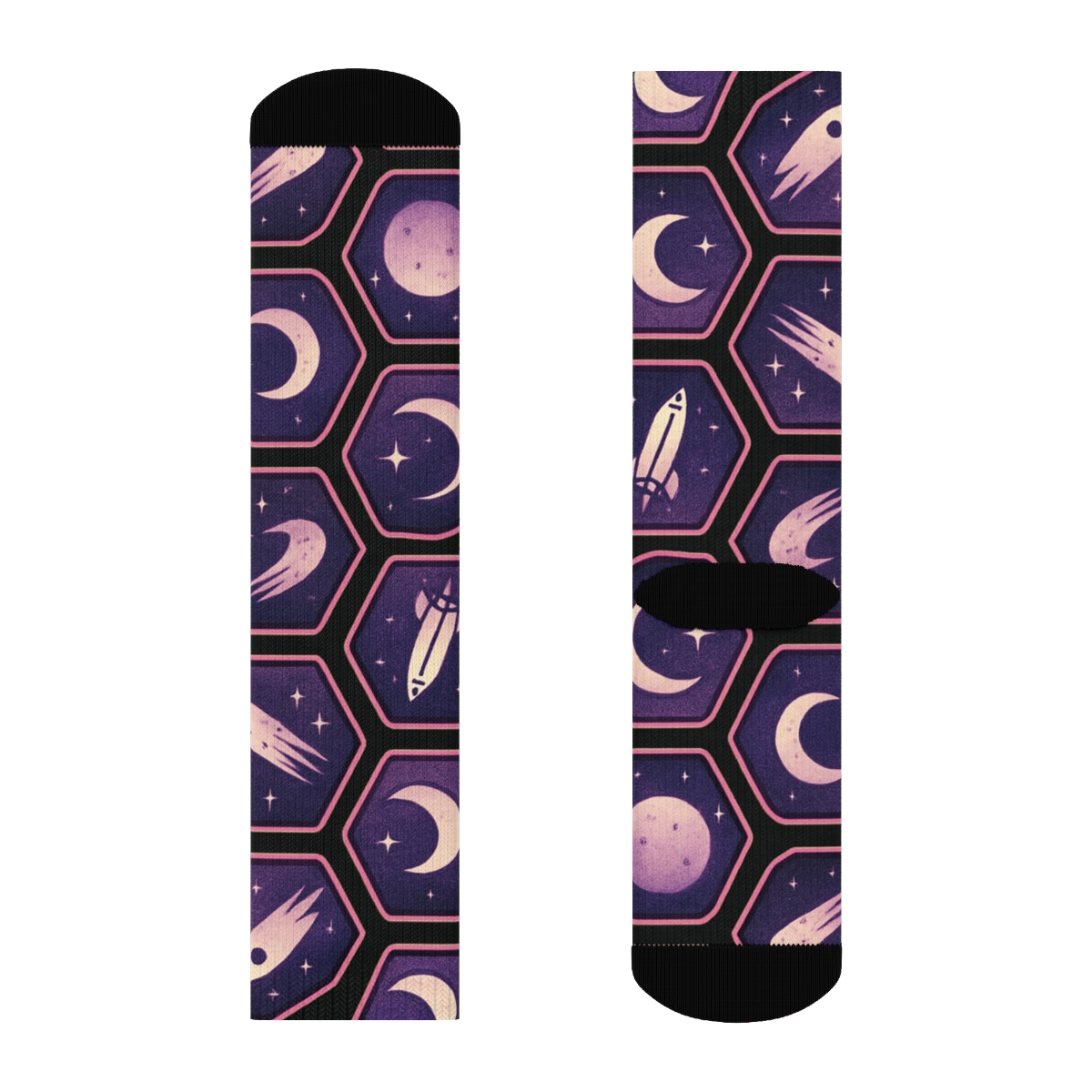 Cosmic Purple Retro Mission Patch Tessellation On Black Background premium sports crew socks
