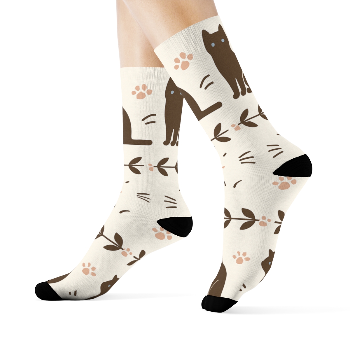 Botanical Bands In Warm Cream, Paws And Cat Silhouettes premium sports crew socks