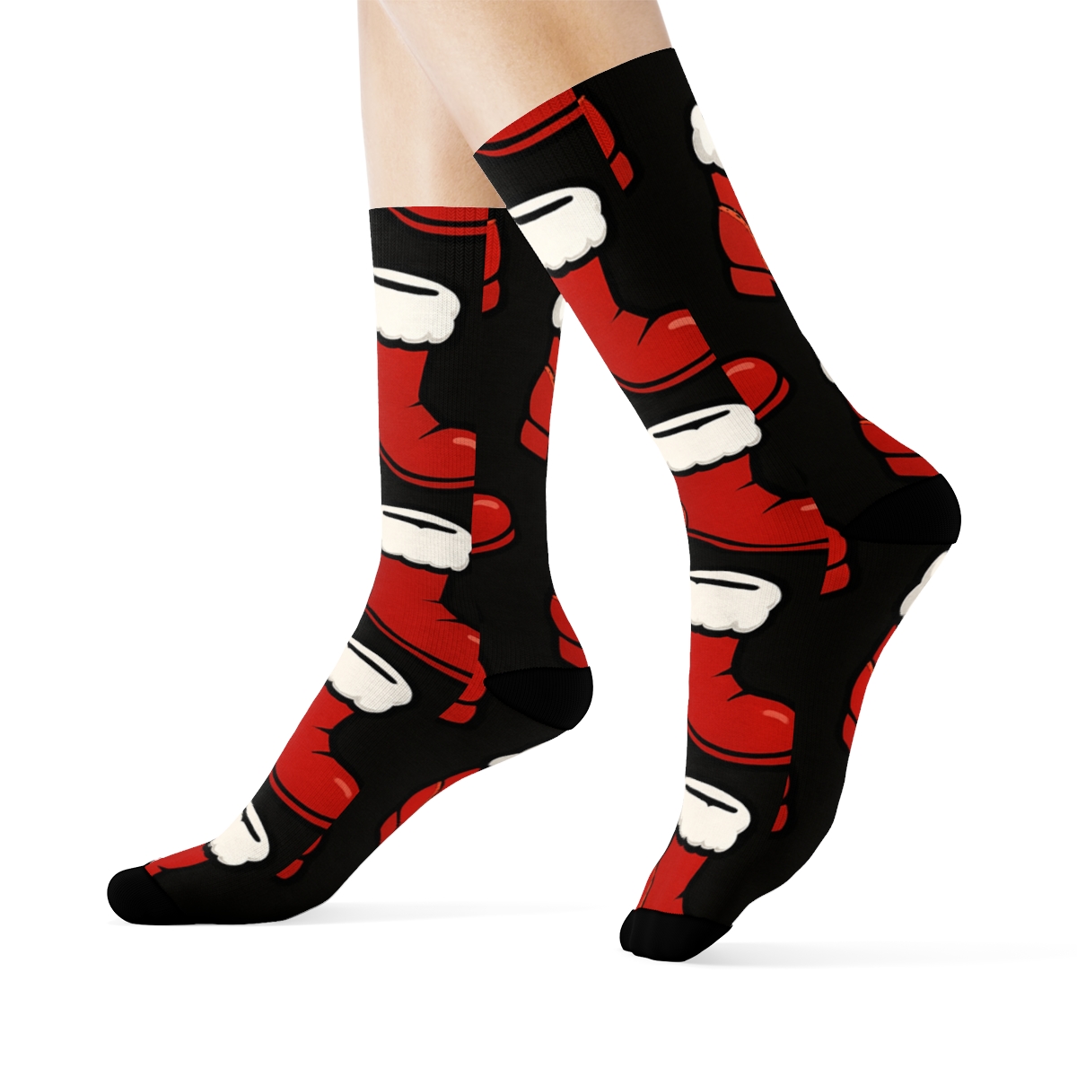 Boot Parade With Santa Rhythm On Black designer printed crew socks