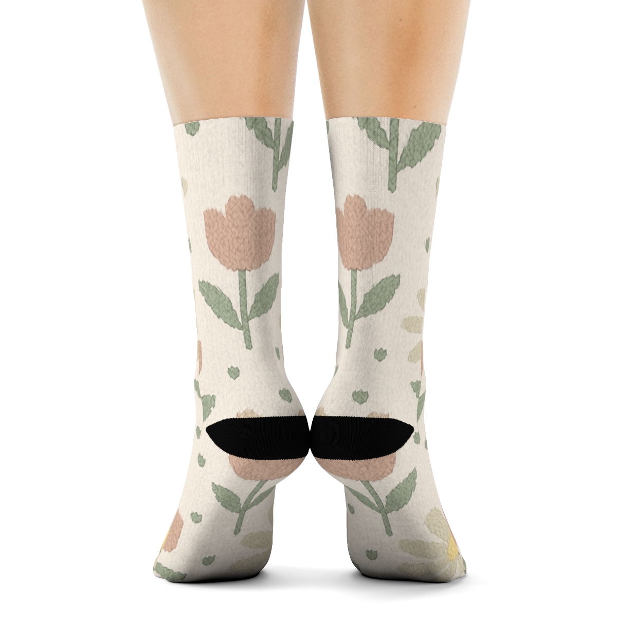 Sage Meadow Daisy And Tulip Knit Illusion Grid On Warm Ivory Background premium sports crew socks
