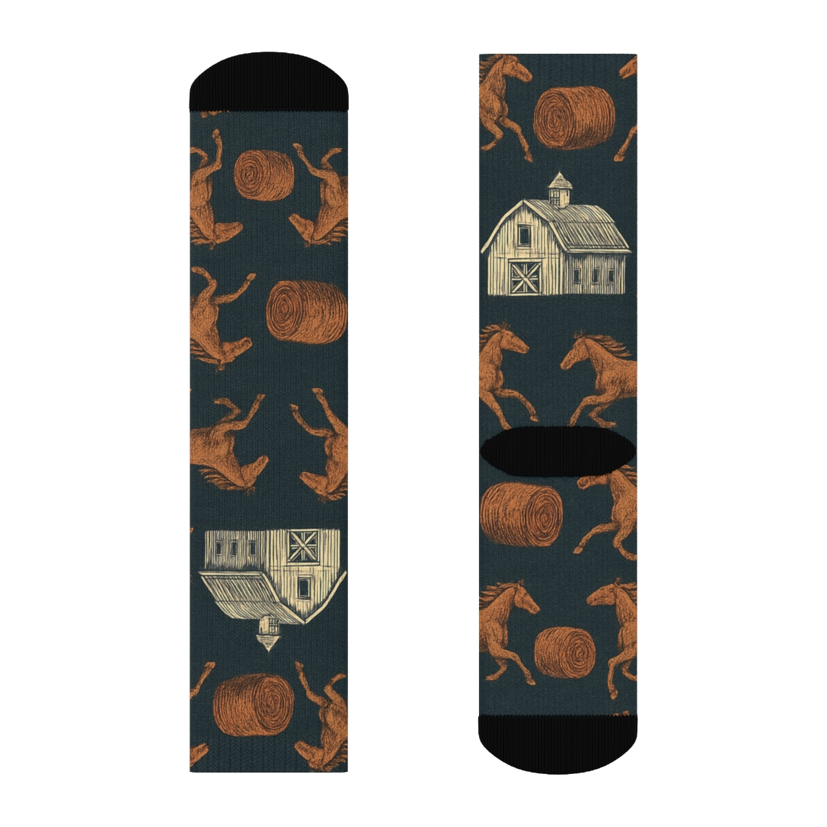 Barn Silhouette Grid With Rancher Horses stylish athletic crew socks