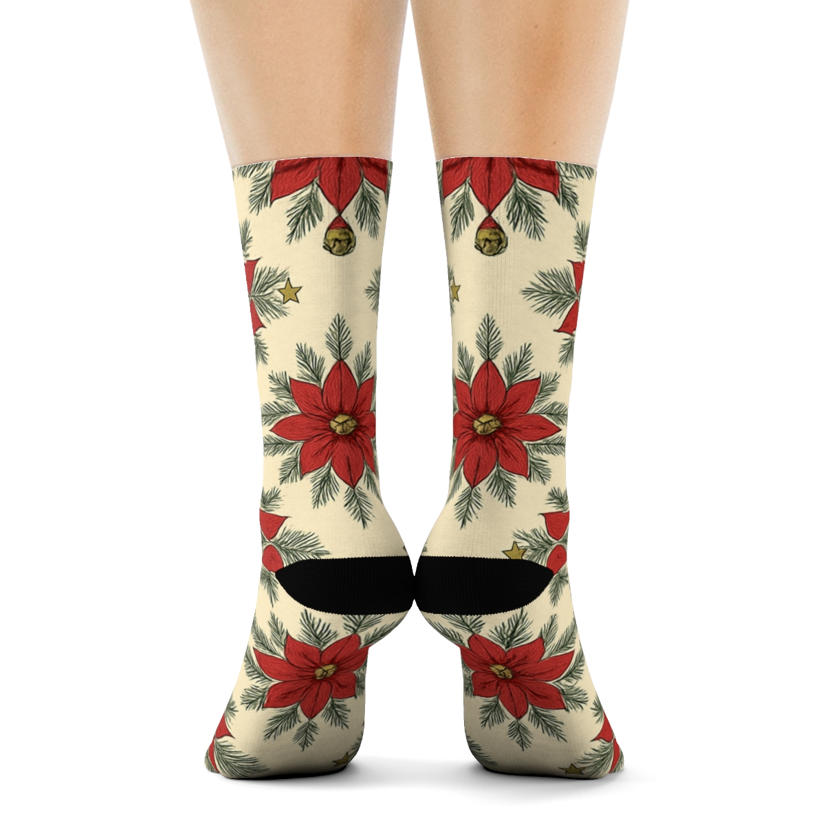 Poinsettia Snowflake Medallion Grid On Warm Ivory Background premium sports crew socks