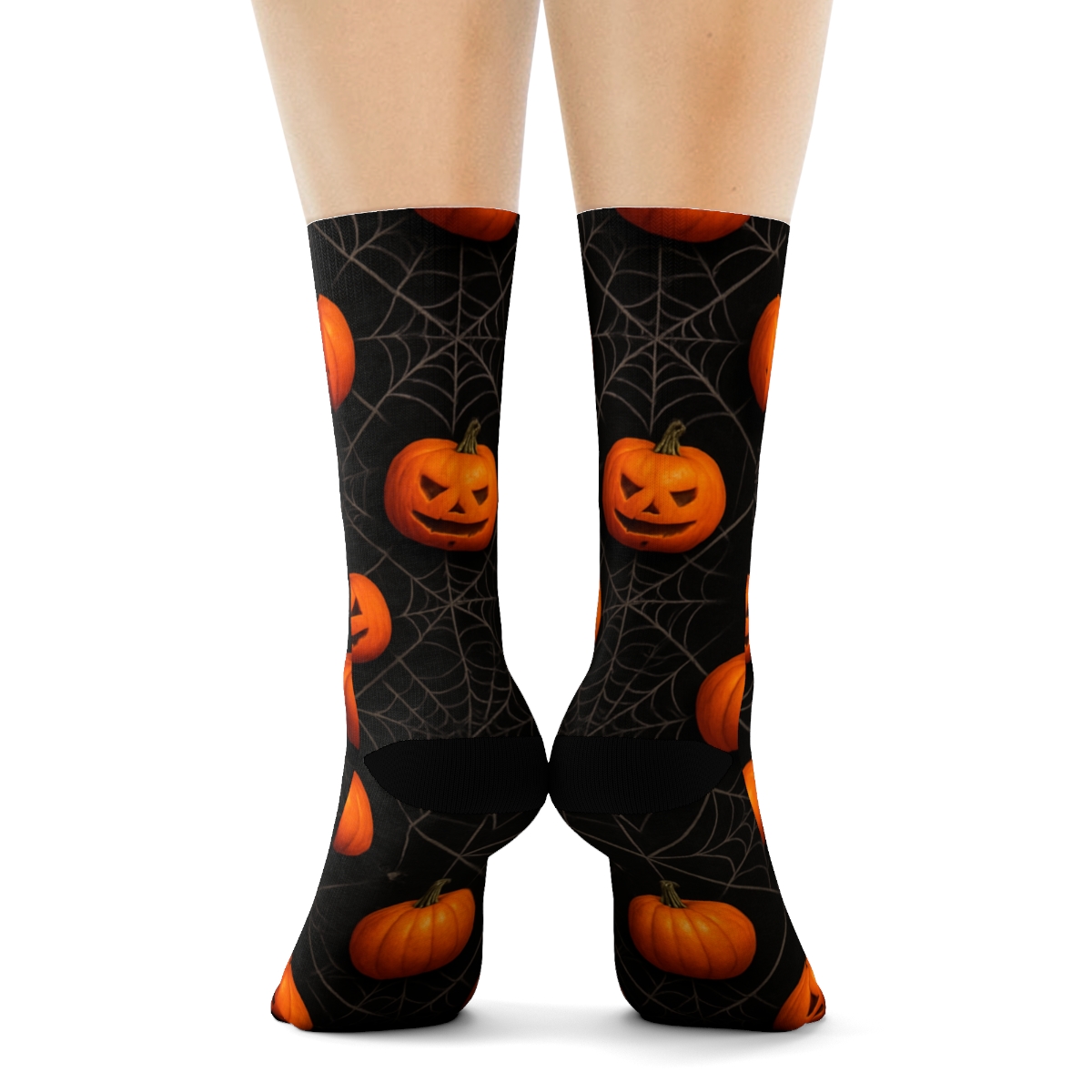 Web Laced Pumpkin Diamonds On Black Background trendy patterned crew socks