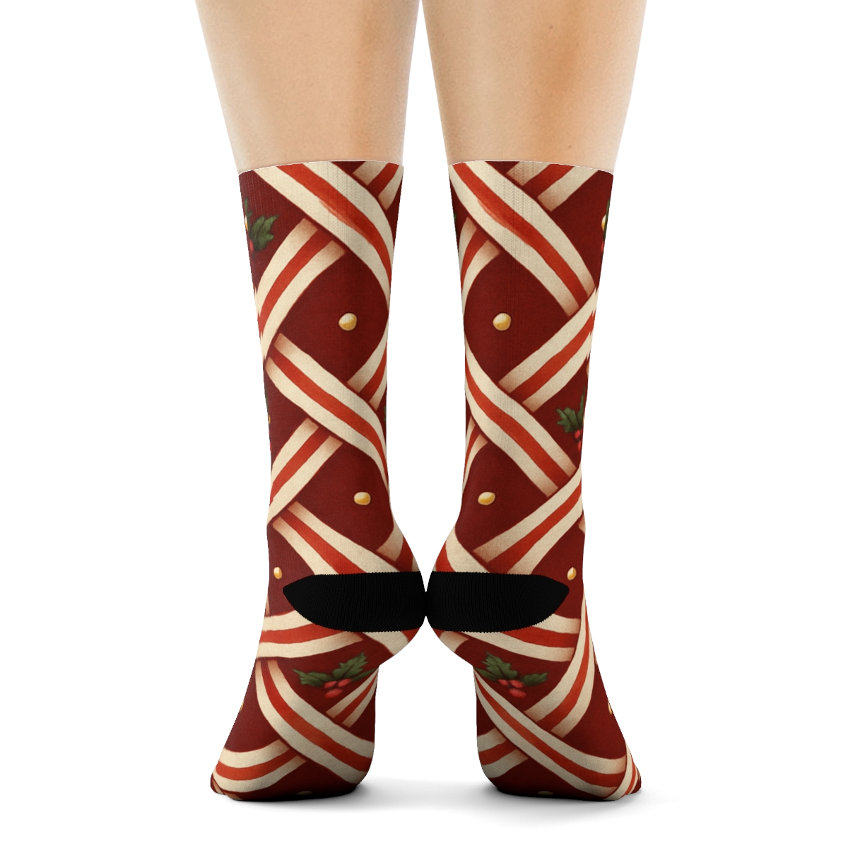 Candy Canes Stripe Weave On Deep Holiday Red personalized crew socks