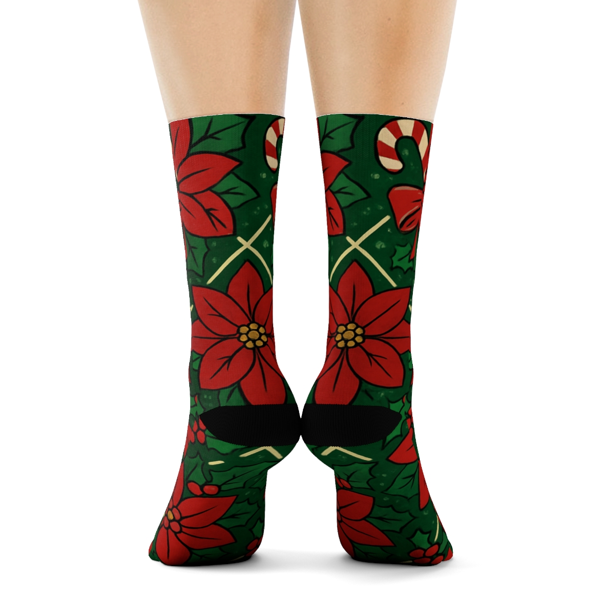 Crimson Poinsettia And Holly Lattice On Pine Green Background unique graphic crew socks