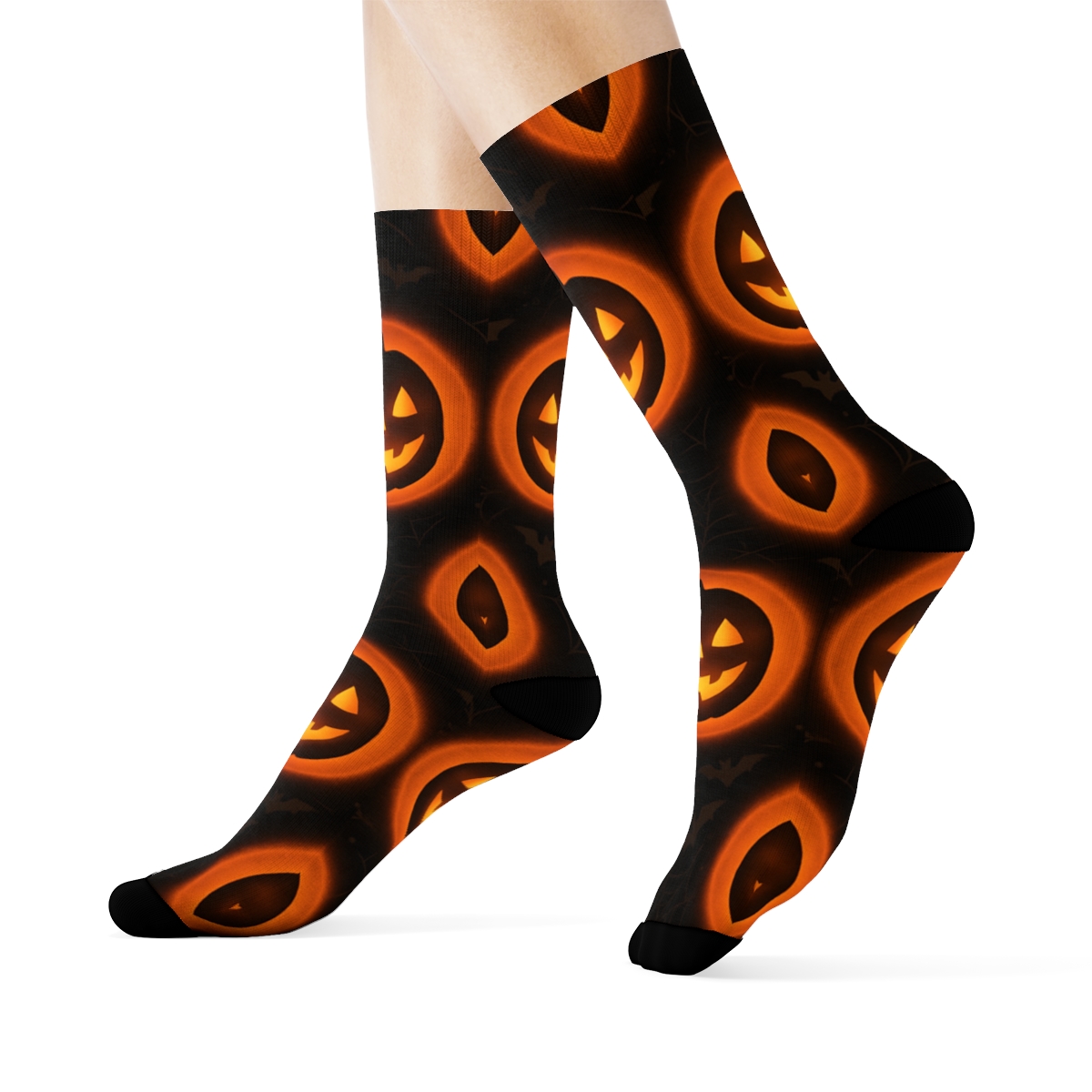 Glowing Jack O Lantern Medallion Repeat On Black Background personalized crew socks
