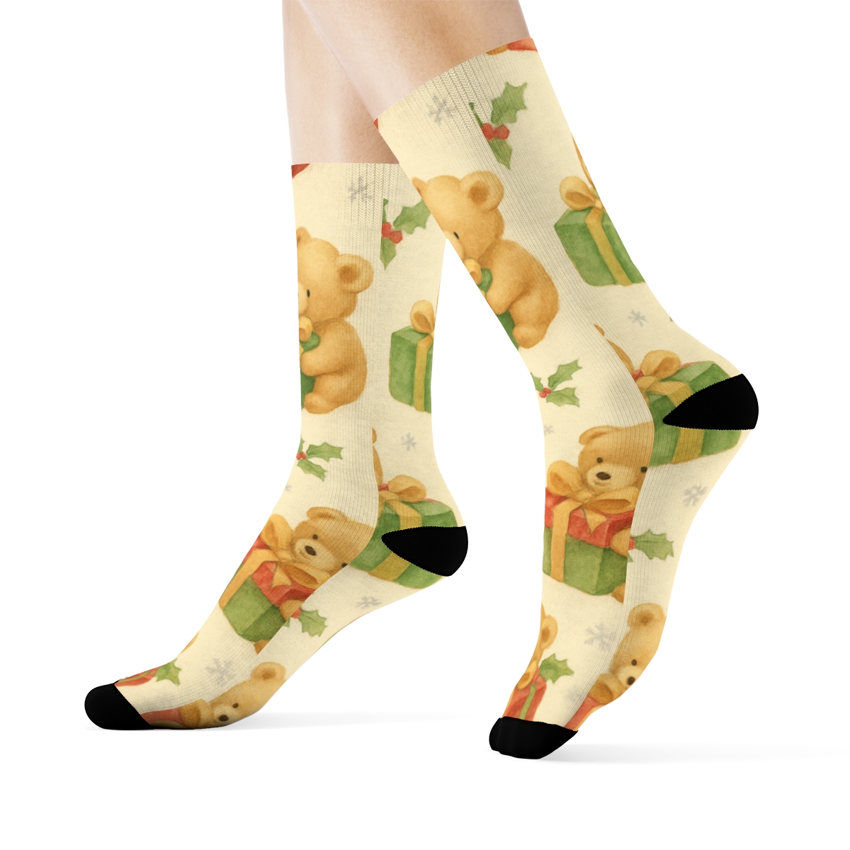 Watercolor Bear And Holly Scatter On Warm Cream Background custom crew socks