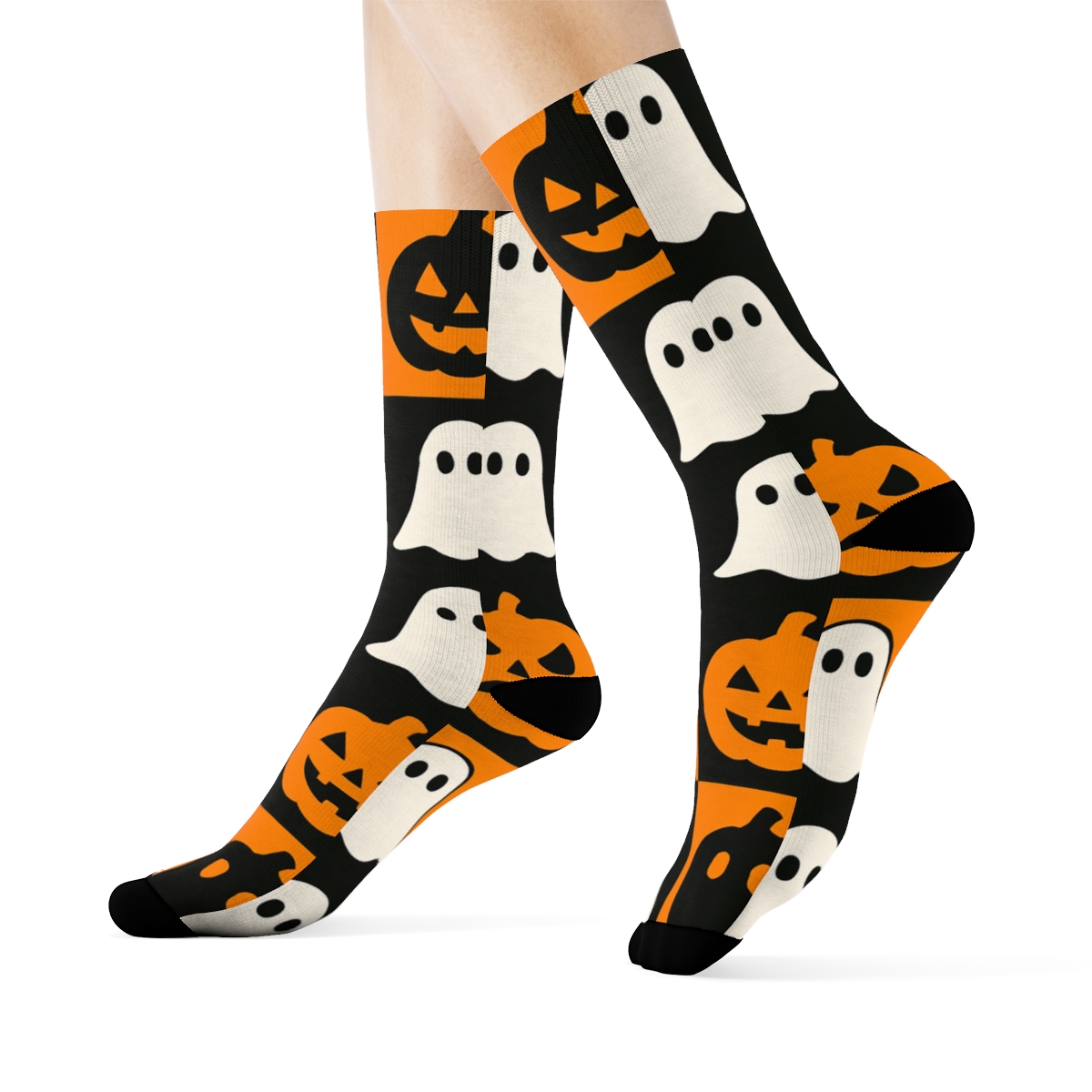 Orange Pumpkin And Ghost Checkerboard On Black Background trendy patterned crew socks
