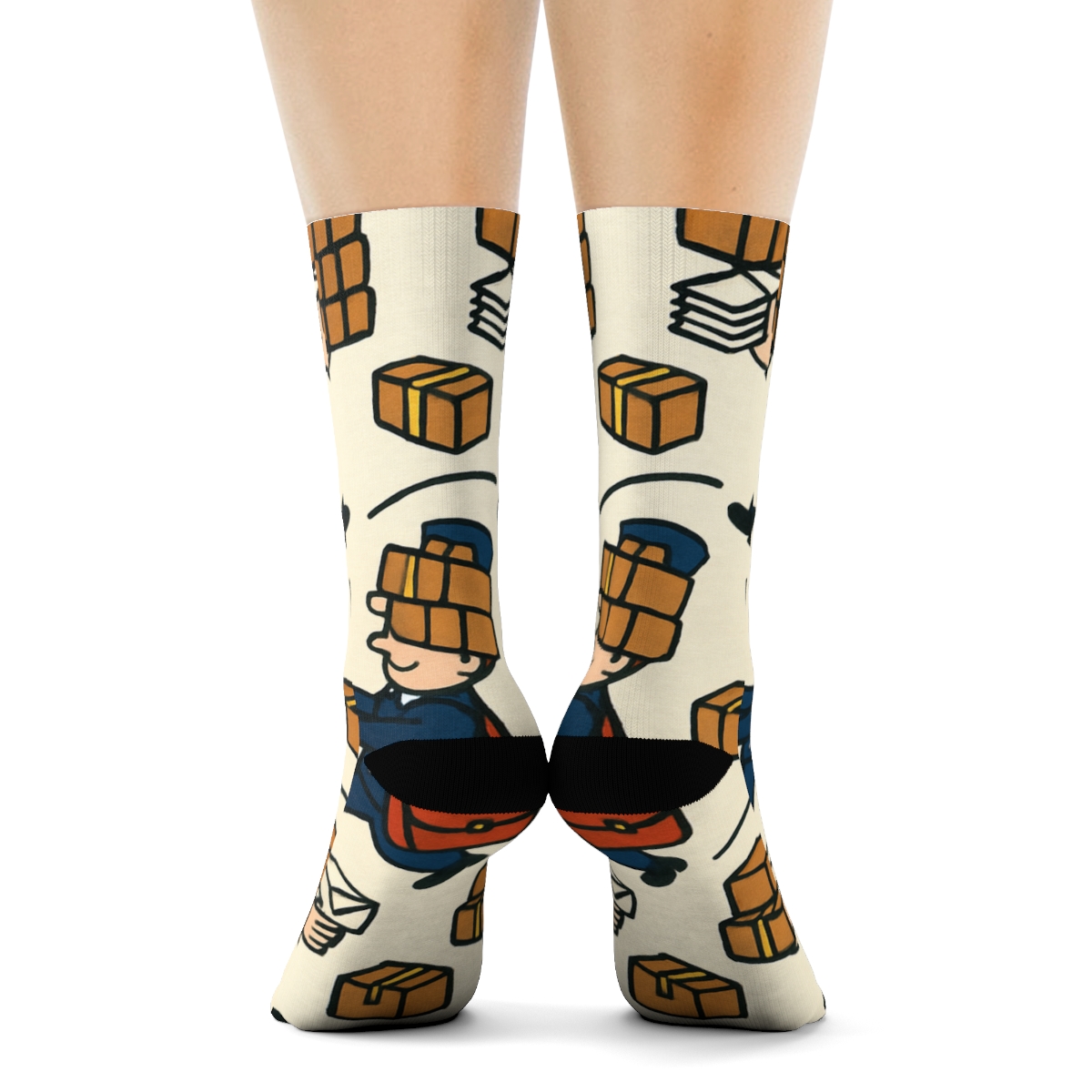 Parcel Parade With Postal Worker Characters On Warm White unique graphic crew socks