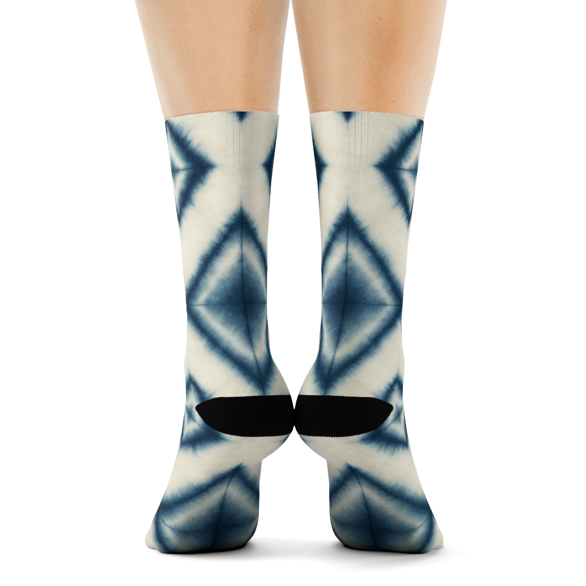 Indigo Shibori Diamond Lattice On Ivory Background soft everyday crew socksIndigo Shibori Diamond Lattice on Ivory Background Crew Socks - Image 4