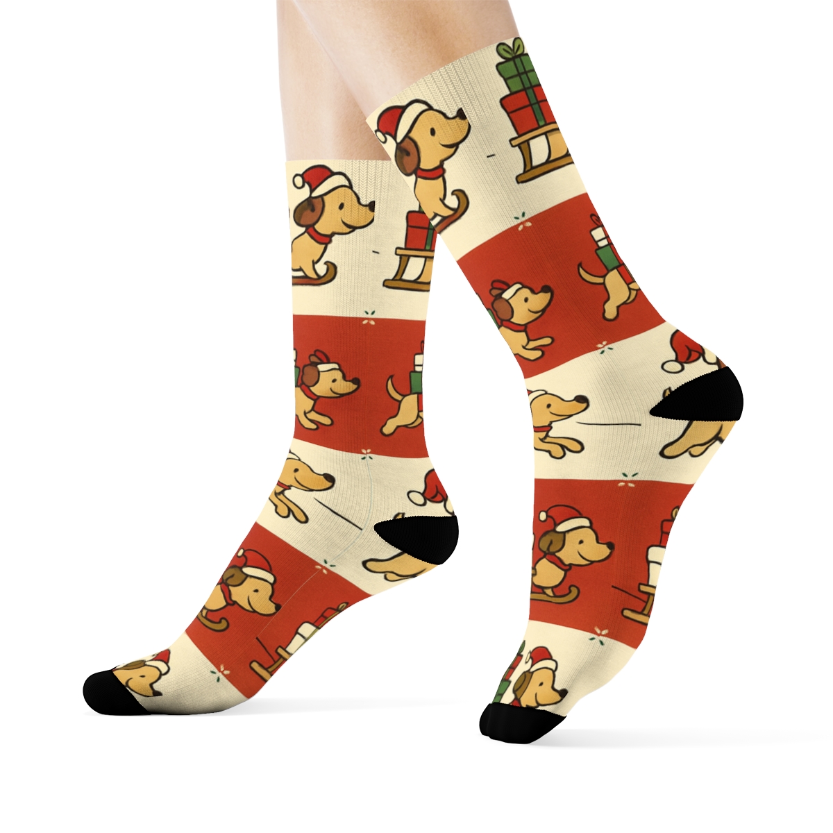 Dog Sled Santa Gift Box Checkerboard On Pine Green Background custom crew socks