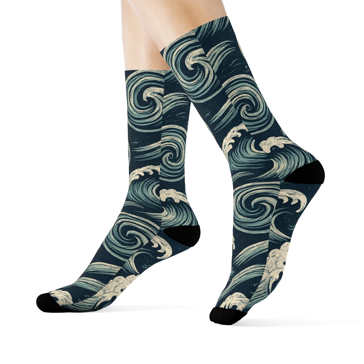 Storm Swell Whirlpool Medallions On Deep Navy designer printed crew socks