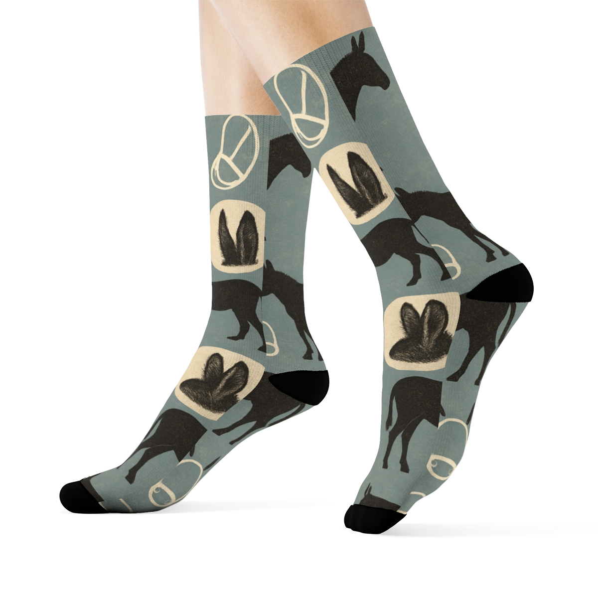 Ambling Donkey Silhouette Grid designer printed crew socks