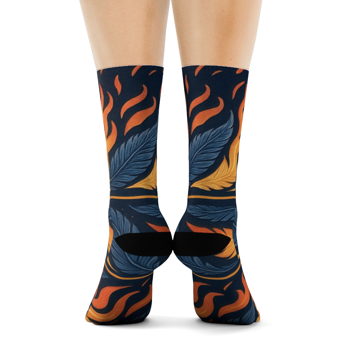 Phoenix Feather Flame Wave On Navy premium sports crew socks