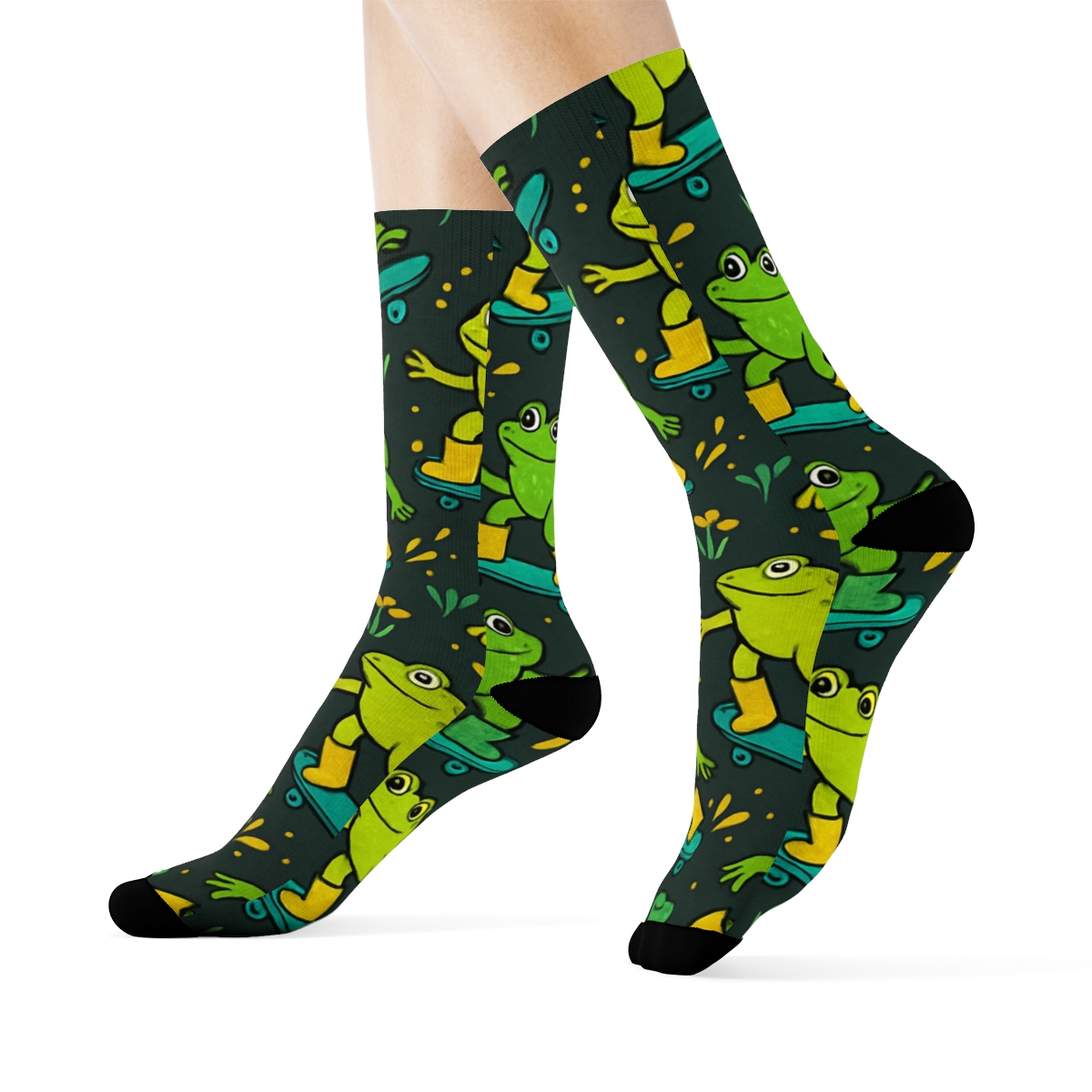 Skateboard Frogs Diagonal Tile On Charcoal trendy patterned crew socks
