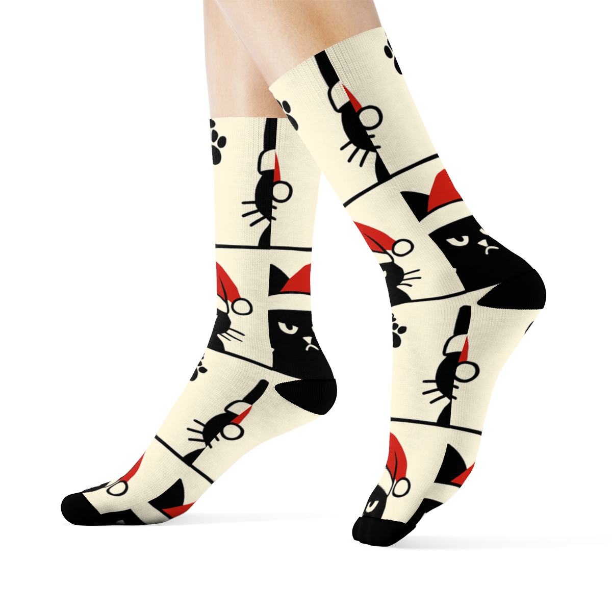 Grumpy Santa Hat Cat Silhouette Stripe Repeat On Warm Ivory Background custom crew socks