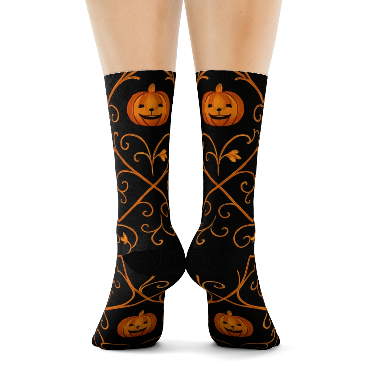 Orange Pumpkin Vine Lattice On Black Background stylish athletic crew socks