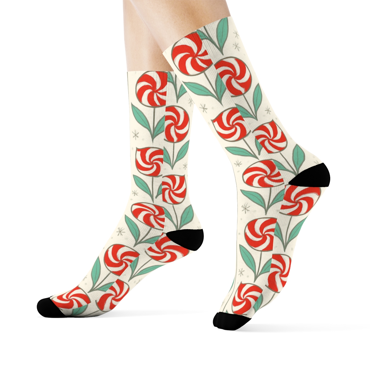Candy Cane Tulip Stripe Tessellation On Winter Cream Background unique graphic crew socks