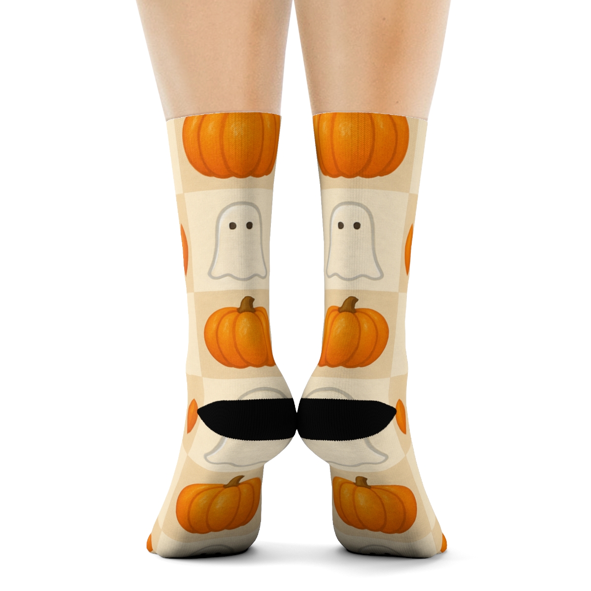 Ghost And Pumpkin Alternating Checker On Proper Neutral Background designer printed crew socks