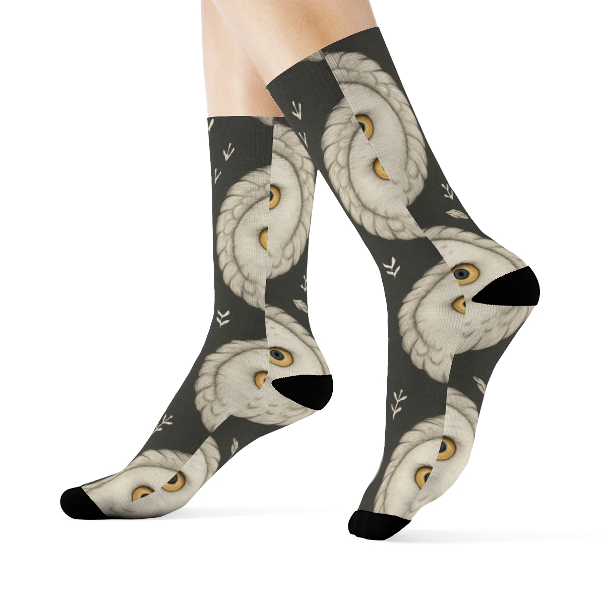 Snowy Owl Portrait Medallion Grid On Charcoal Background custom crew socks