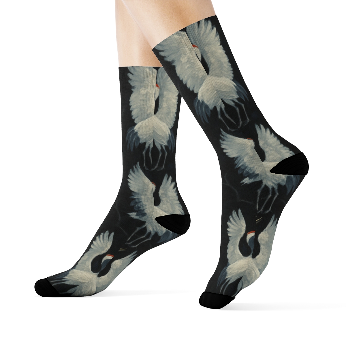 Crane Courtship Mirror Flight On Black Background stylish athletic crew socks