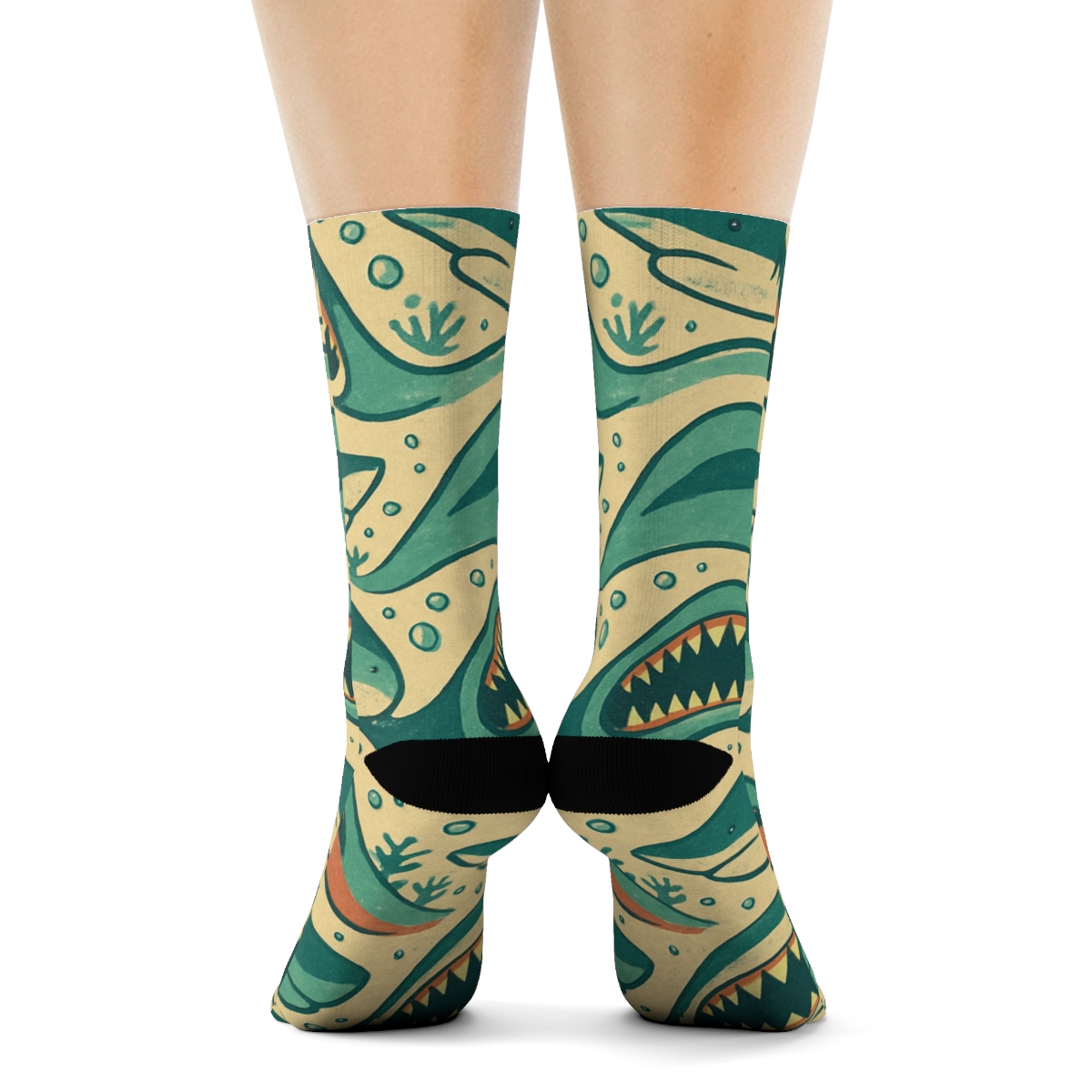 Vintage Marine Poster Look With Shark Jaws Border trendy patterned crew socksVintage Marine Poster Look with Shark Jaws Border Crew Socks - Image 4