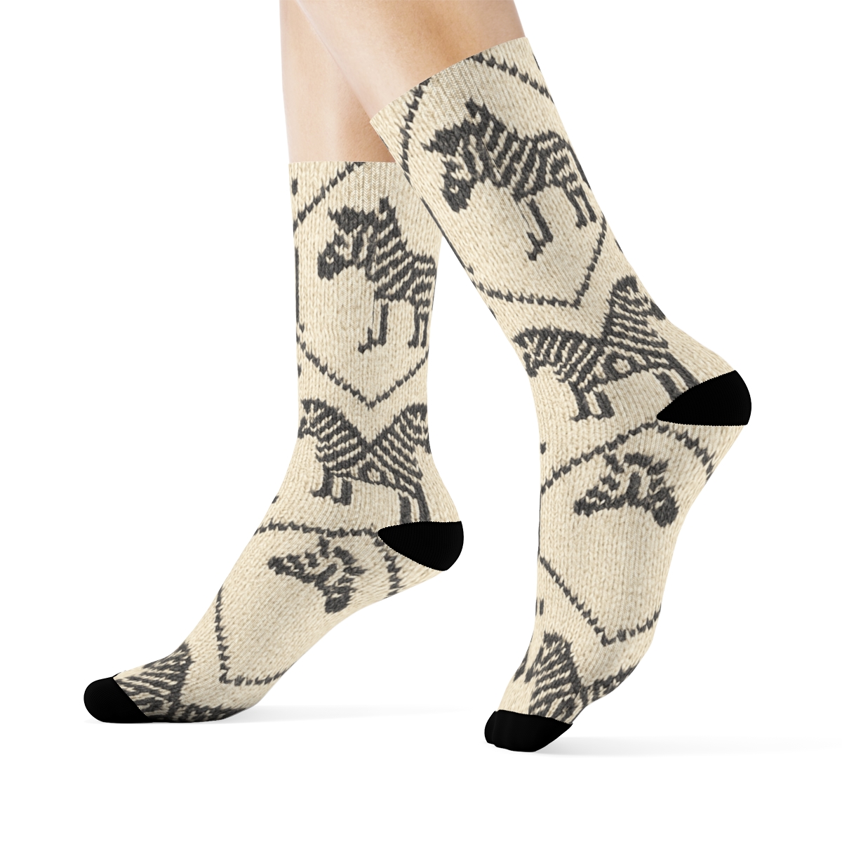 Knitted Zebra Silhouette Lattice On Warm Cream personalized crew socksKnitted Zebra Silhouette Lattice on Warm Cream Crew Socks - Image 3