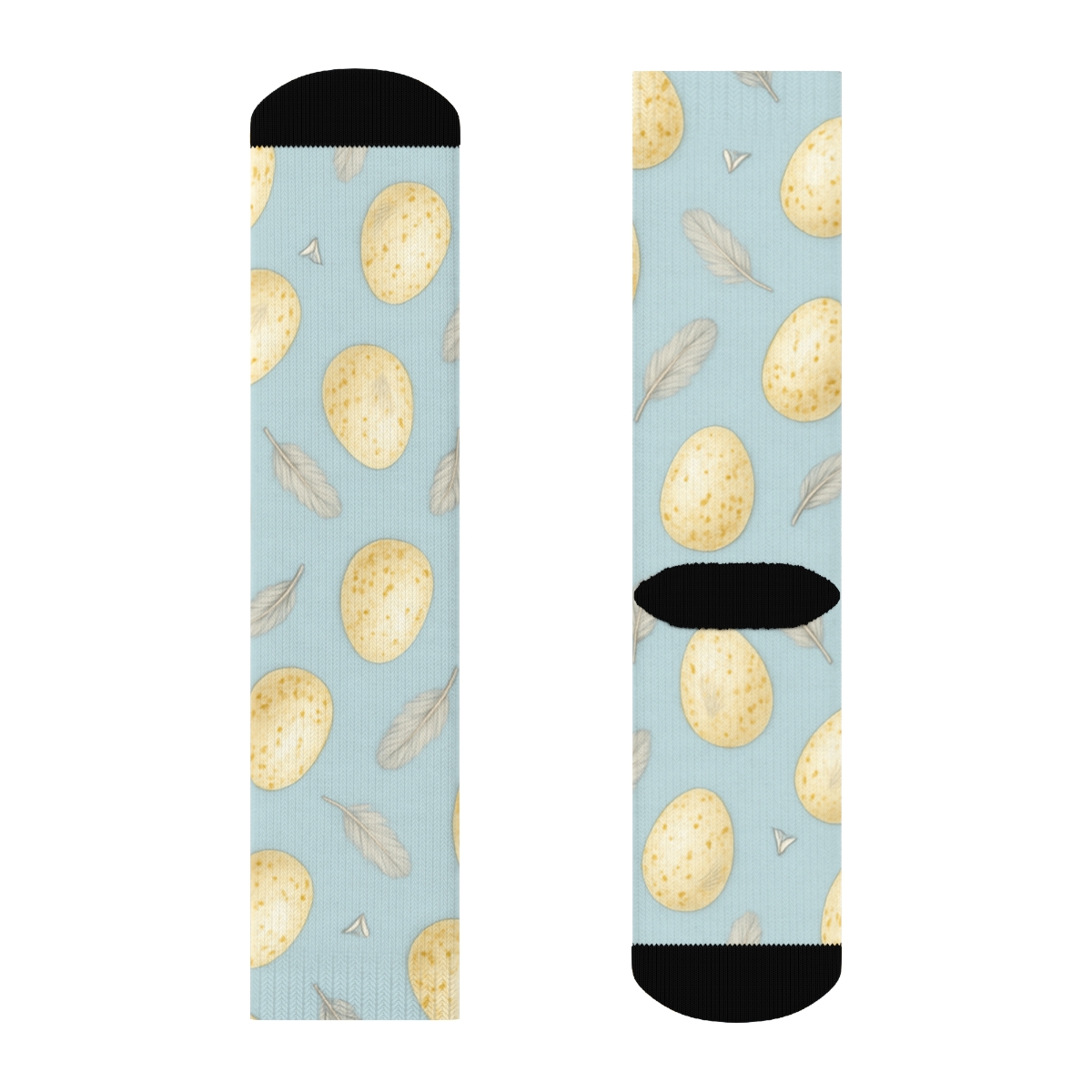 Canary Egg Scatter With Feather Sprigs On Pastel Sky Blue Background custom crew socks