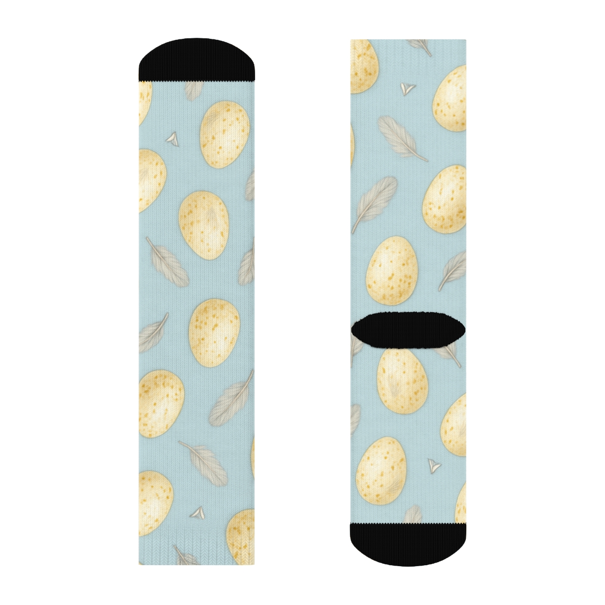 Canary Egg Scatter With Feather Sprigs On Pastel Sky Blue Background custom crew socks