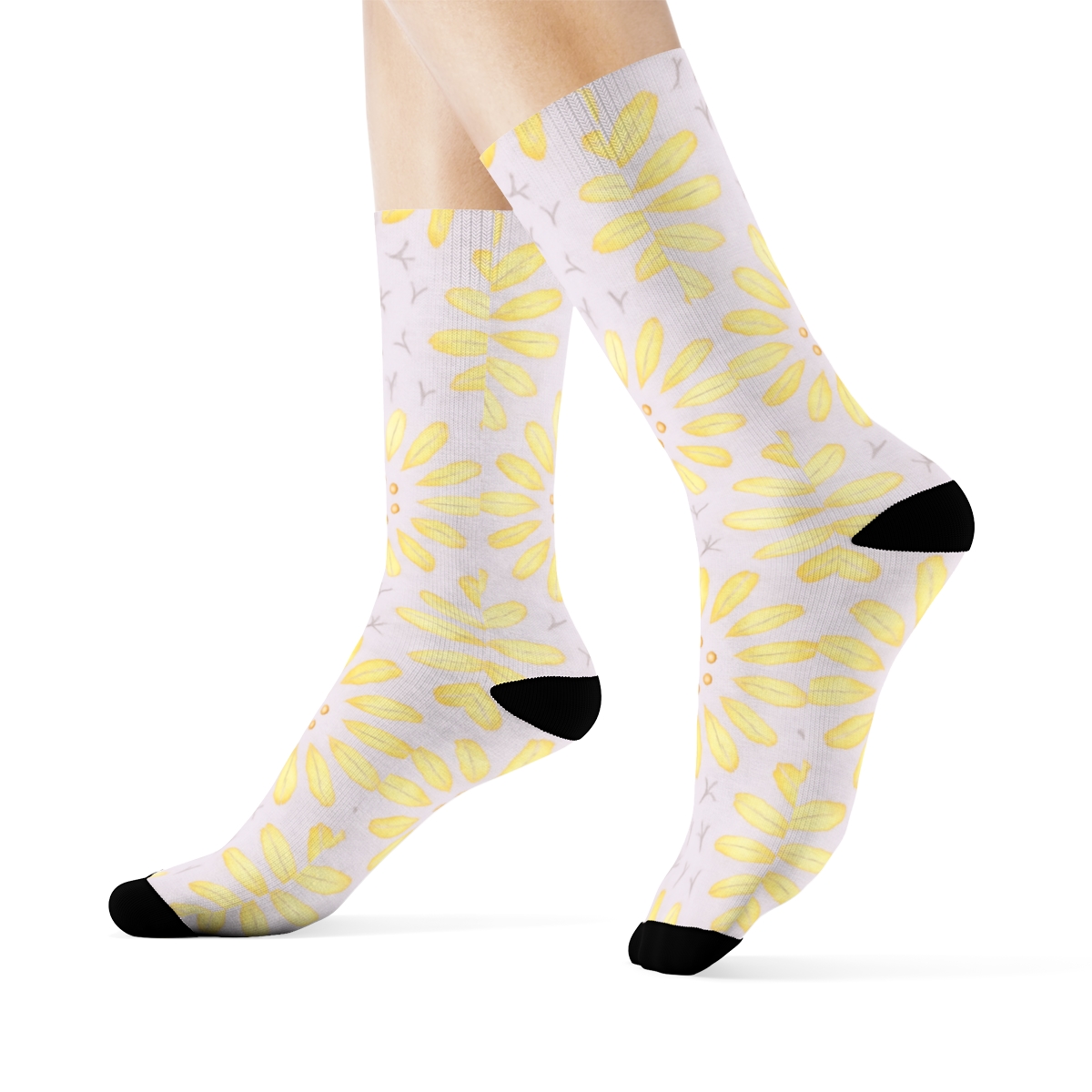 Canary Song Feather Dots On Pastel Lavender Background designer printed crew socks