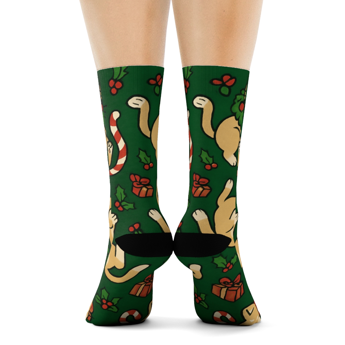 Candy Cane Cat Chaos Collage On Pine Green Background premium sports crew socks