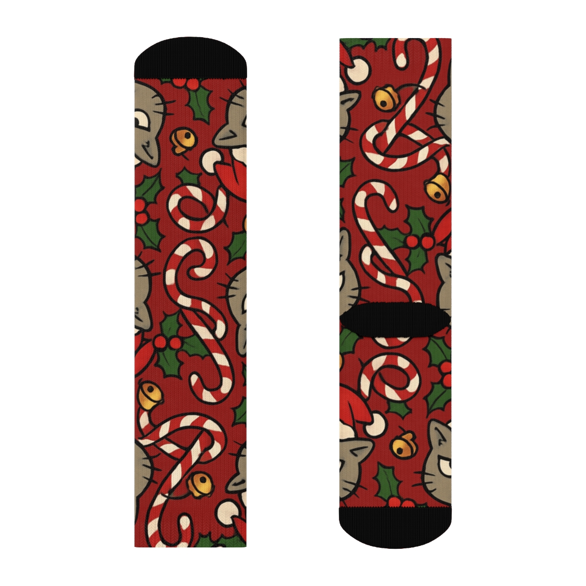 Candy Cane Cat Chaos Tessellation On Holly Red Background designer printed crew socks