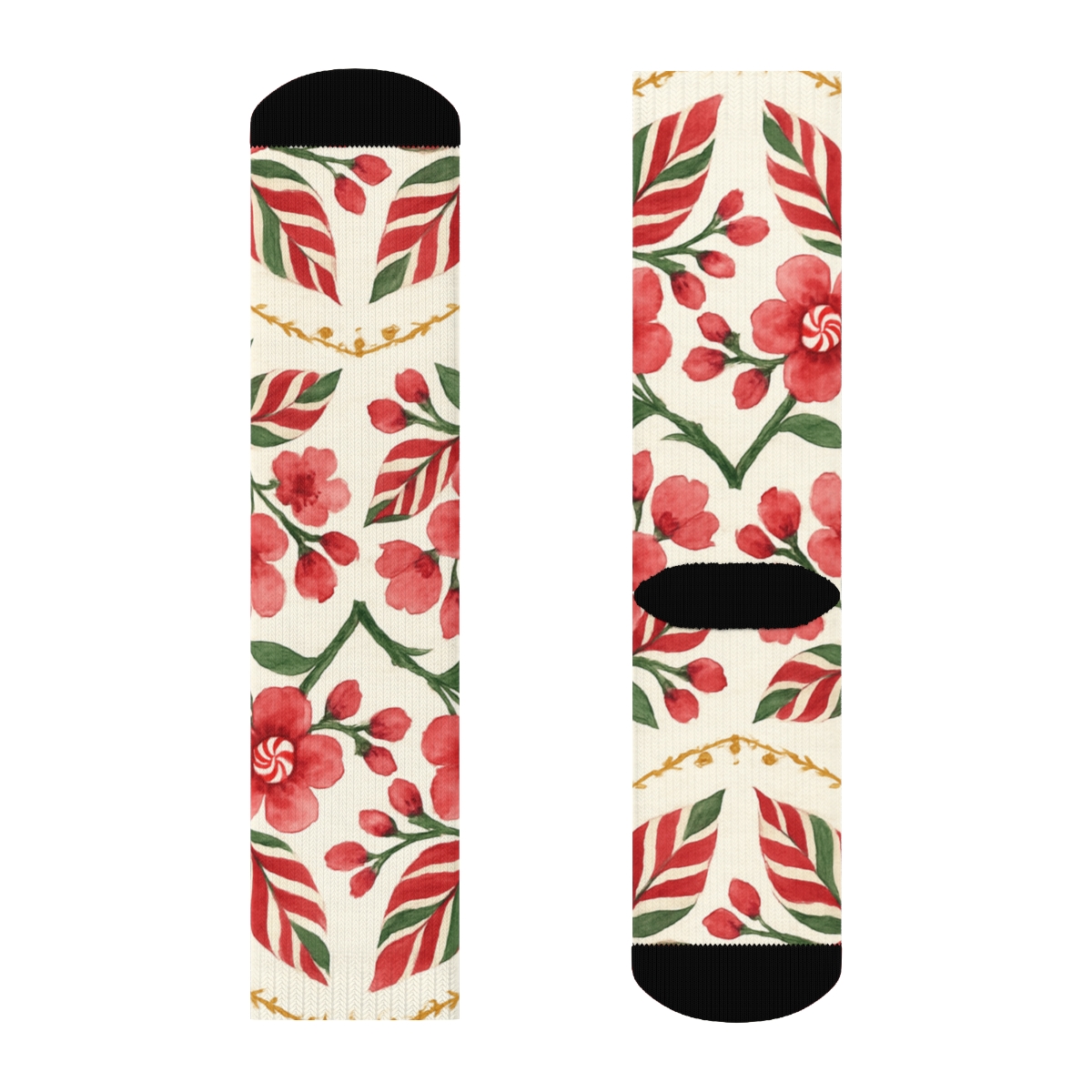 Candy Cane Cherry Blossom Chevron On Warm Ivory Background custom crew socks