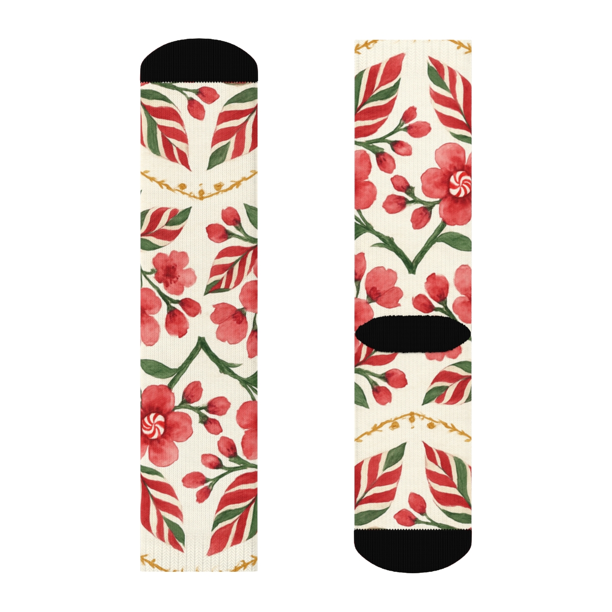 Candy Cane Cherry Blossom Chevron On Warm Ivory Background custom crew socks