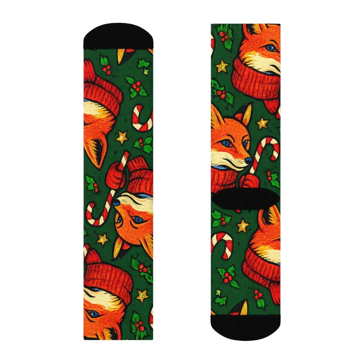 Candy Cane Fox Chevron On Deep Pine Green Background personalized crew socks