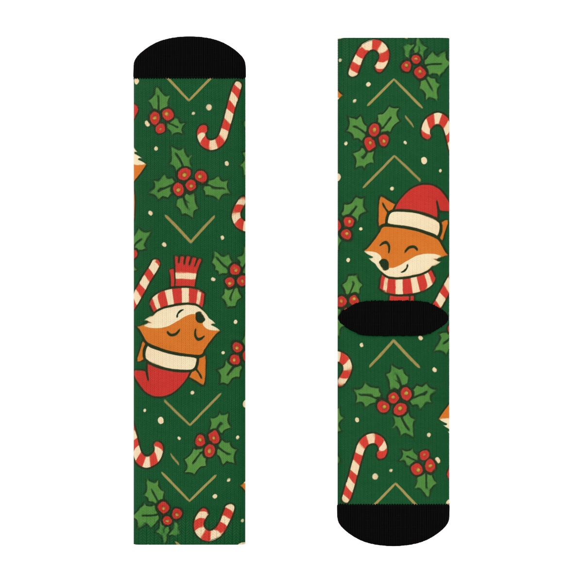 Candy Cane Fox Chevron On Forest Green Background designer printed crew socks