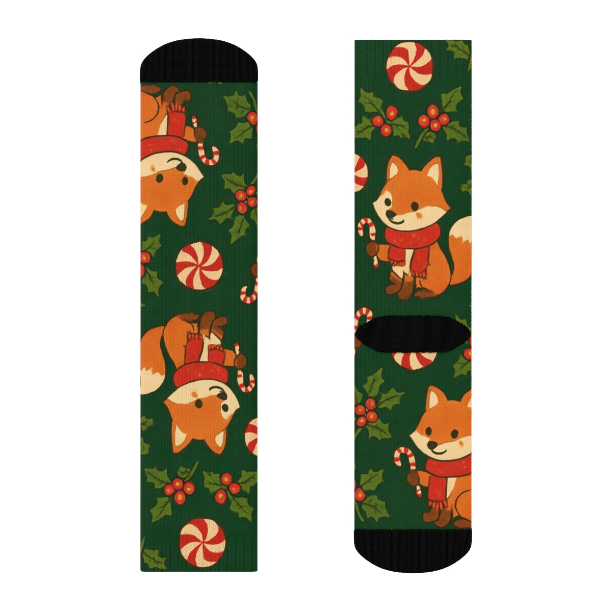 Candy Cane Fox Diamond Tessellation On Pine Green Background stylish athletic crew socks