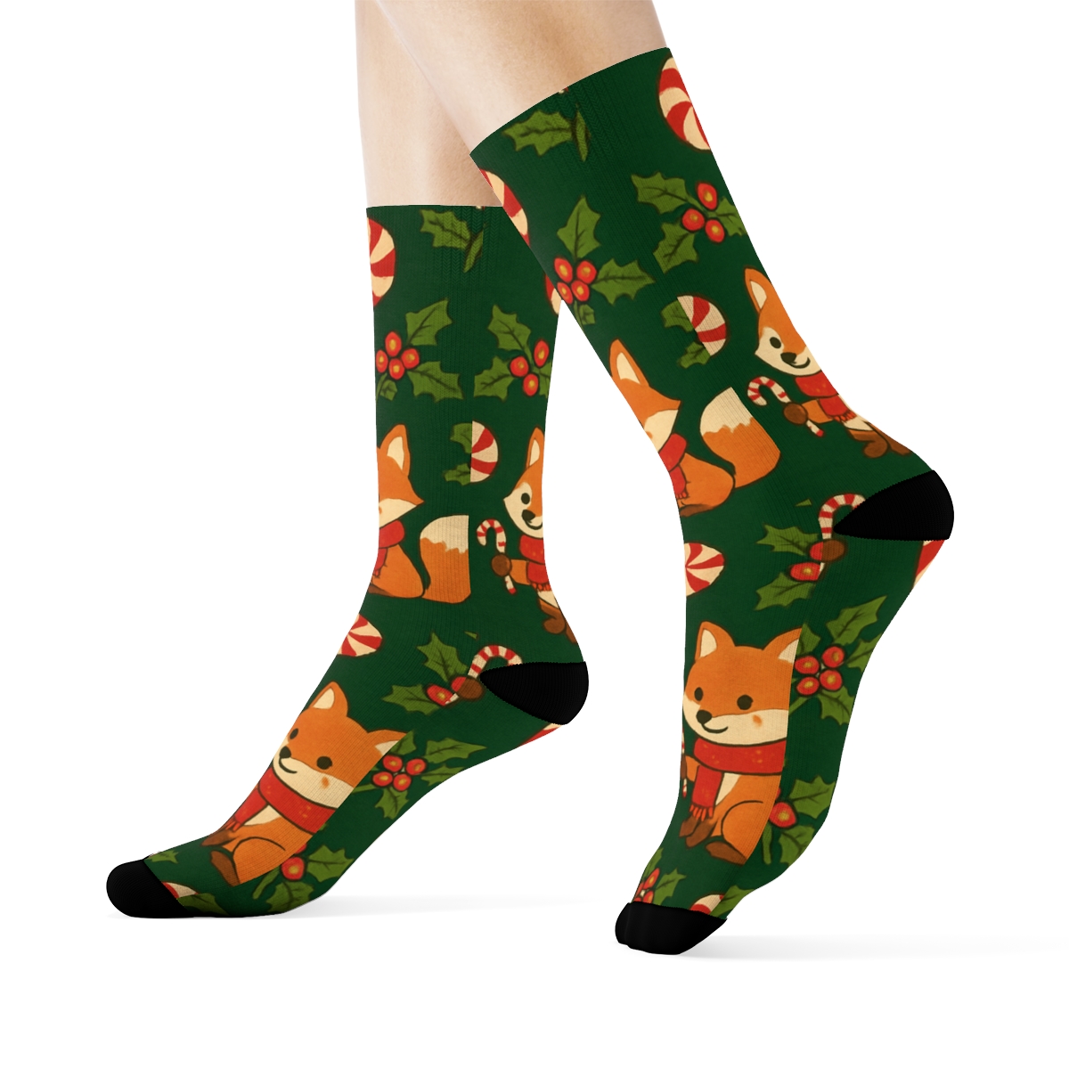Candy Cane Fox Diamond Tessellation On Pine Green Background stylish athletic crew socksCandy Cane Fox Diamond Tessellation on Pine Green Background Crew Socks - Image 3