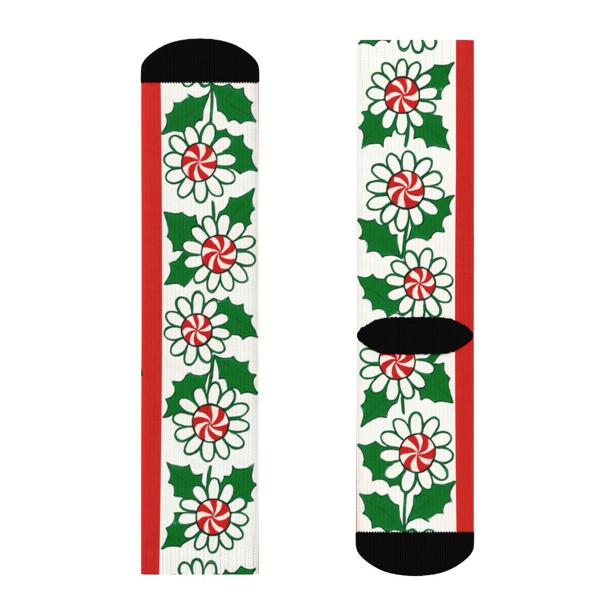Candy Cane Holly Daisy Stripe On Icy White designer printed crew socks