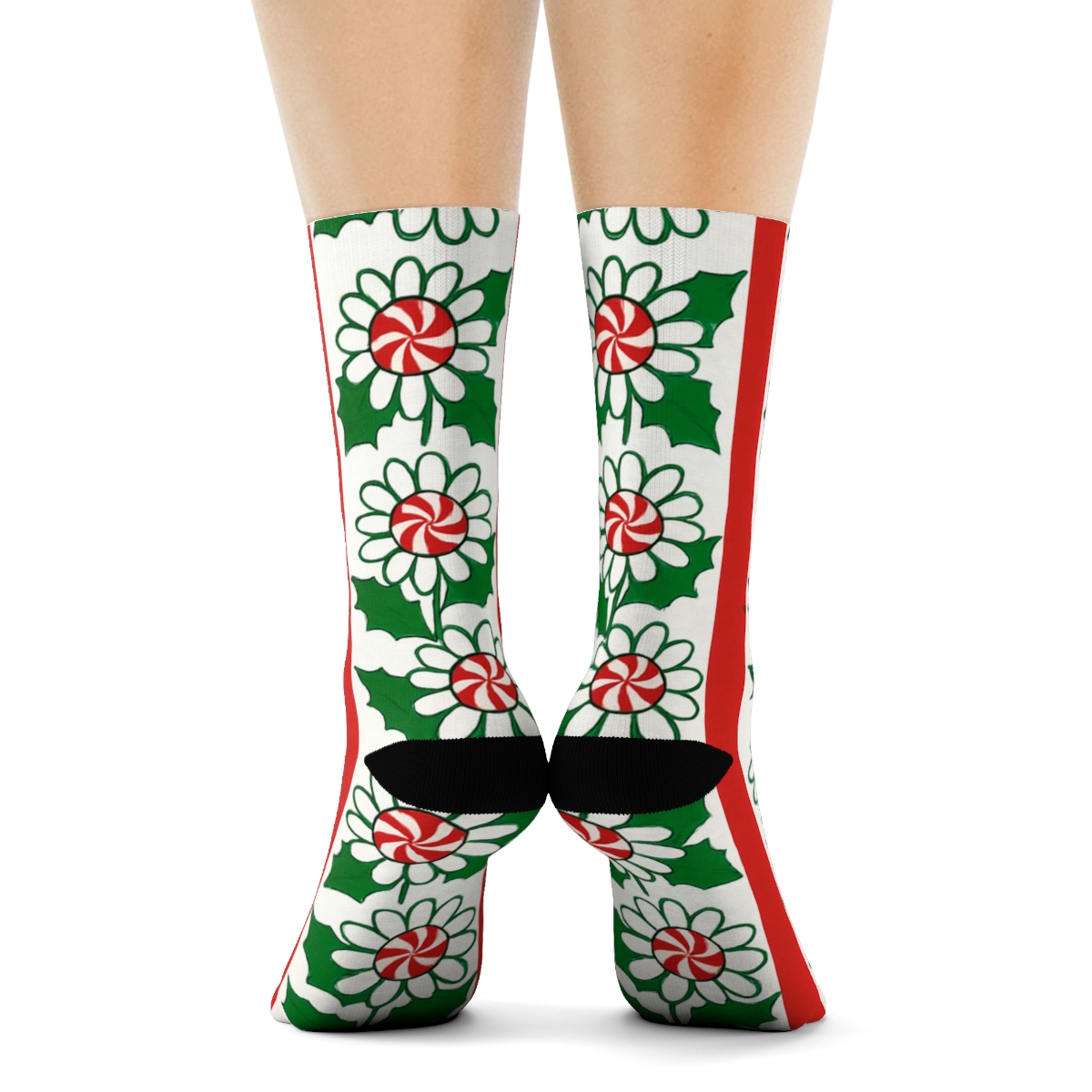 Candy Cane Holly Daisy Stripe On Icy White designer printed crew socks