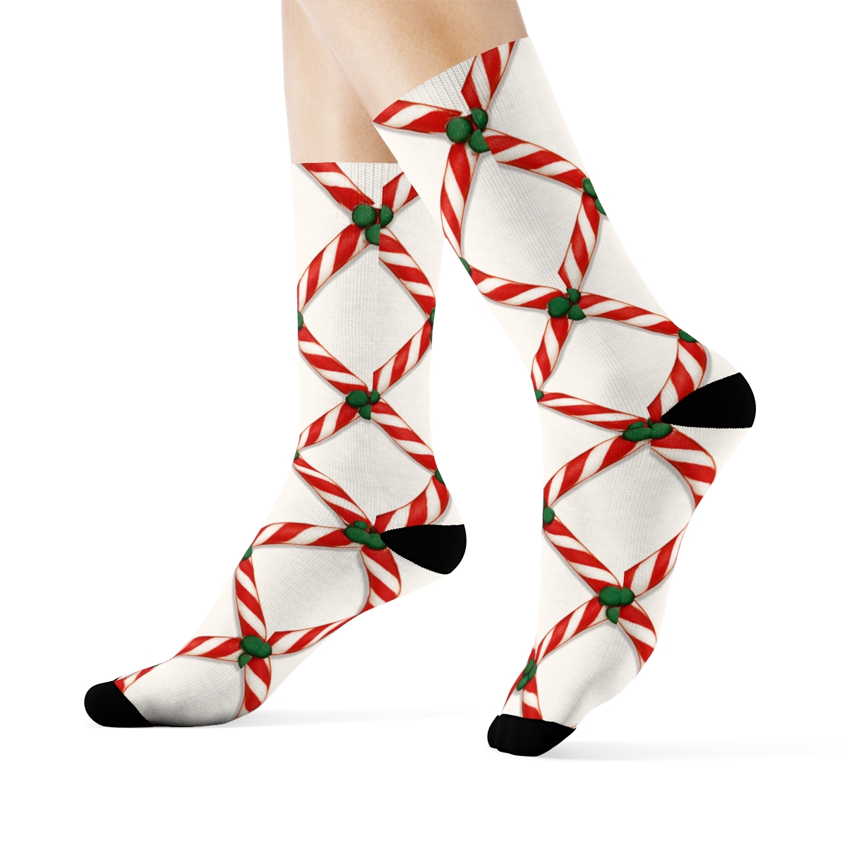 Candy Cane Lattice With Xmas Accents designer printed crew socks