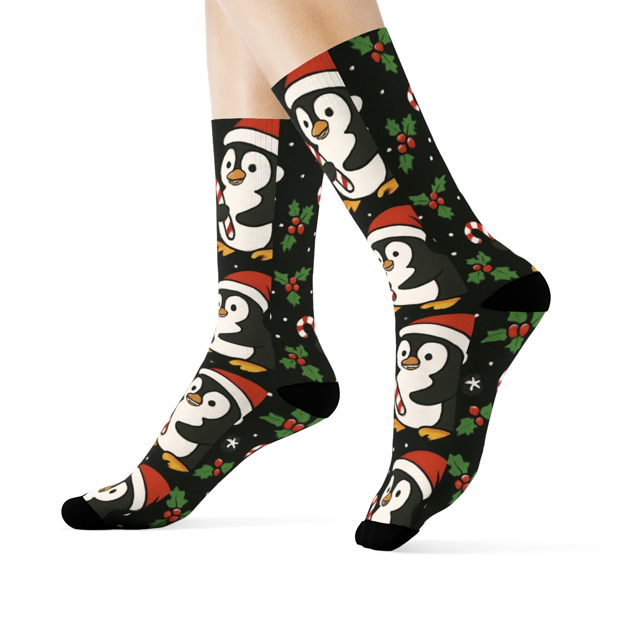Candy Cane Penguin Parade Tile On Midnight Black Background premium sports crew socks