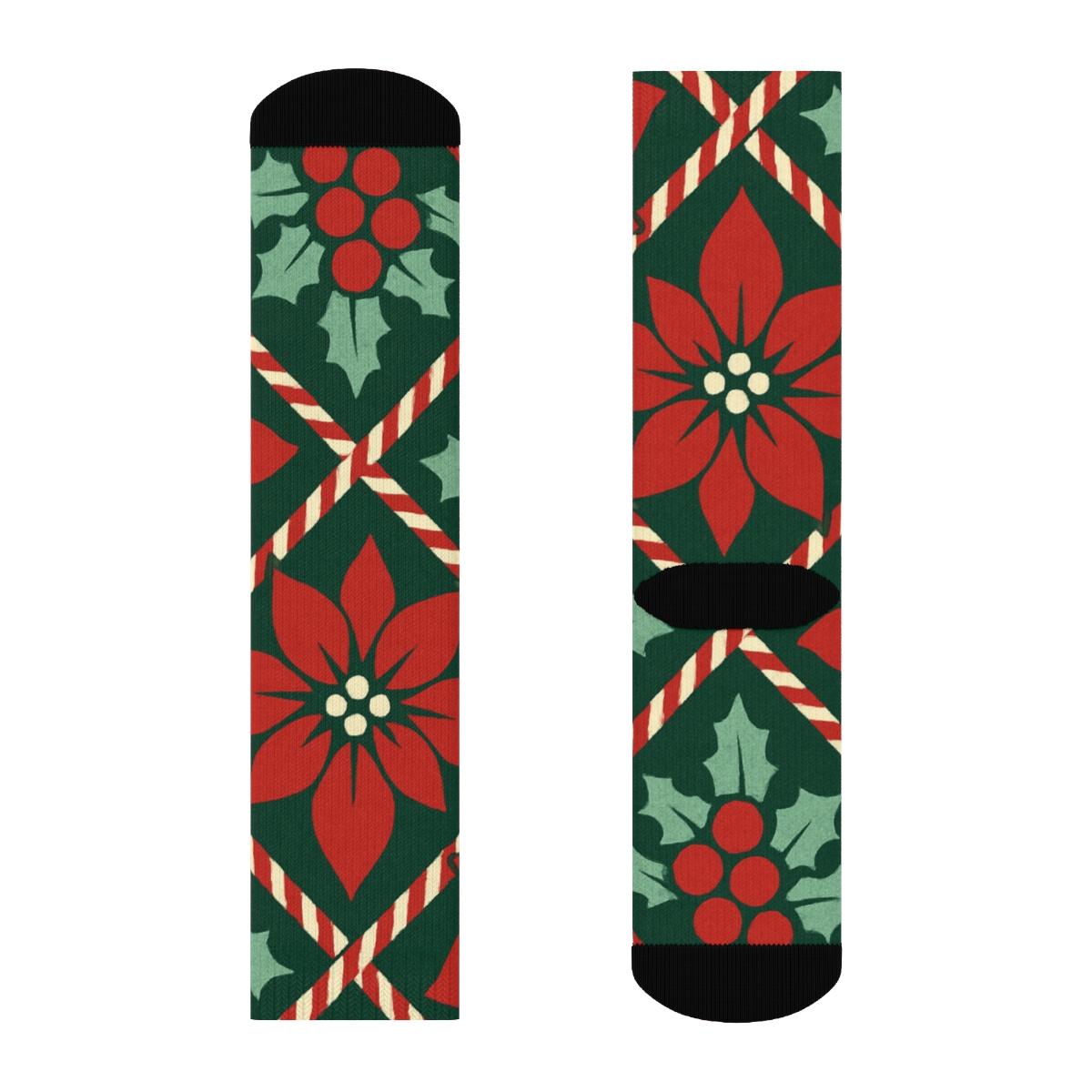 Candy Cane Poinsettia Lattice On Deep Pine Green Background soft everyday crew socks