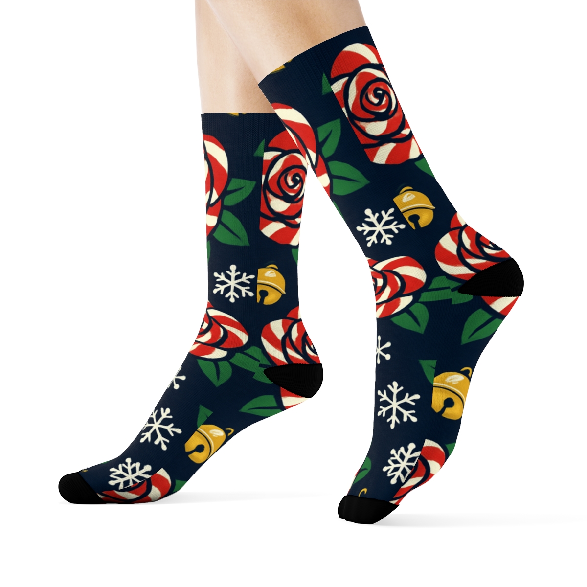 Candy Cane Rose Lattice On Deep Navy Background designer printed crew socks