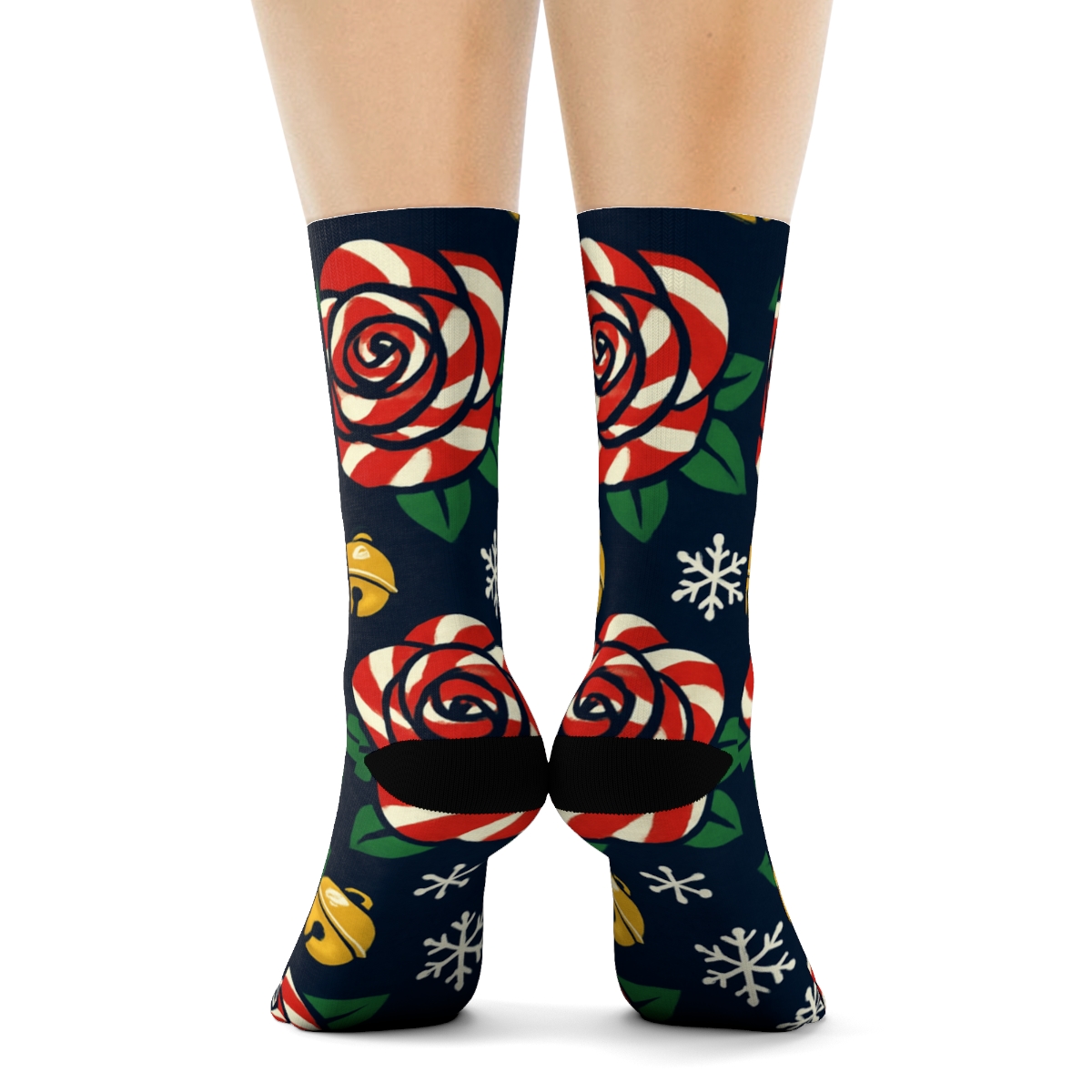 Candy Cane Rose Lattice On Deep Navy Background designer printed crew socks