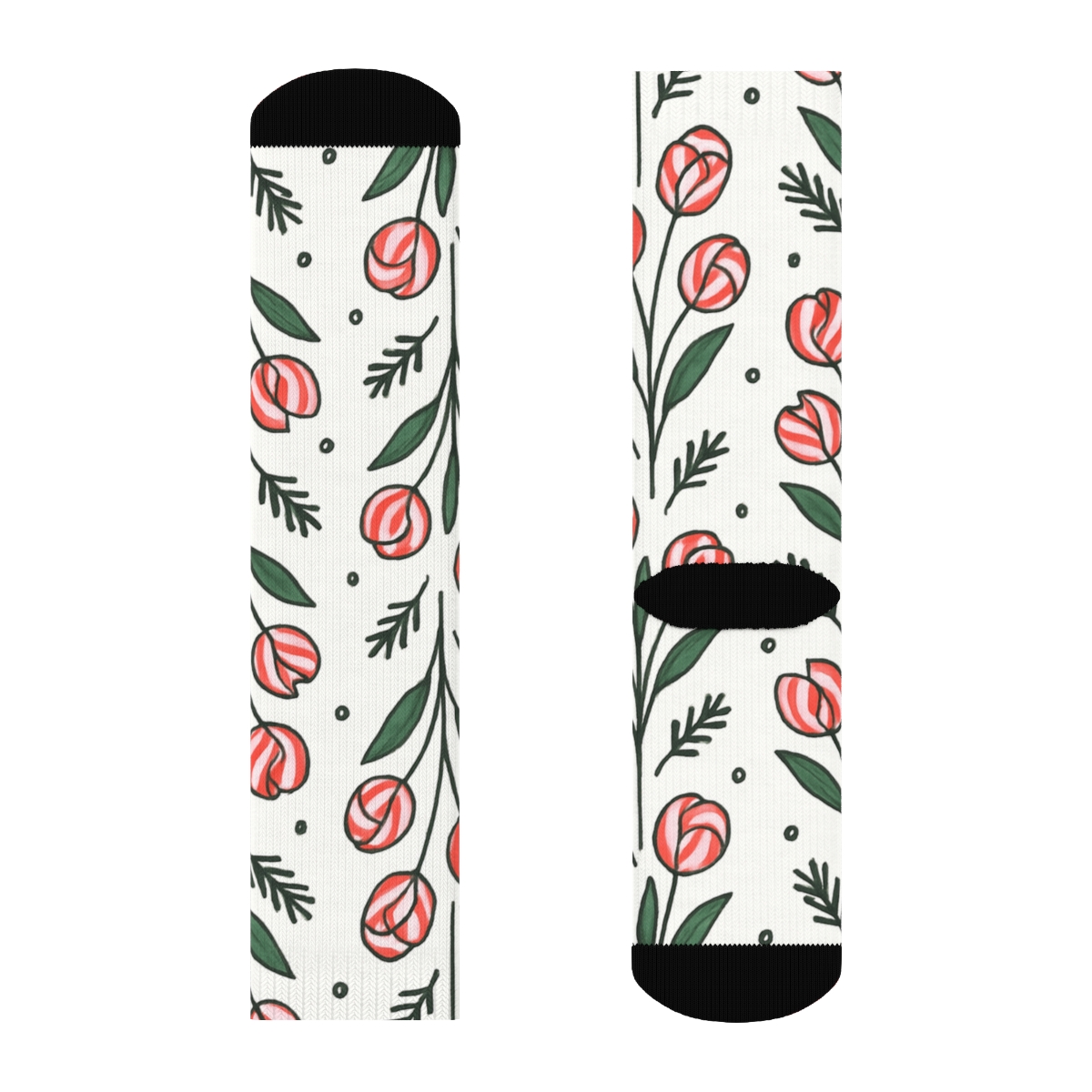 Candy Cane Tulip Stripe Dance On Snow White Background unique graphic crew socks
