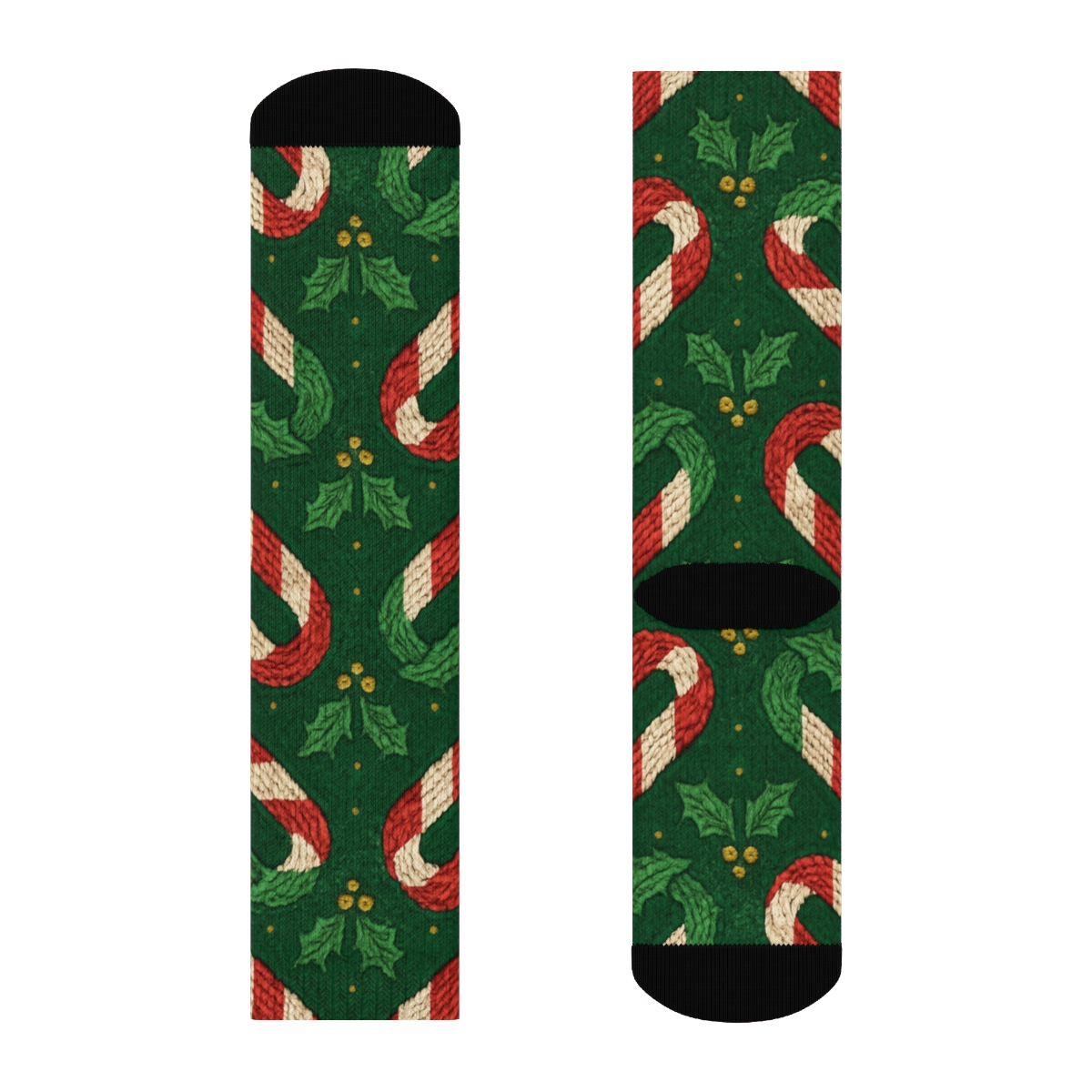 Candy Canes Chevron Hooks On Deep Green Background unique graphic crew socks