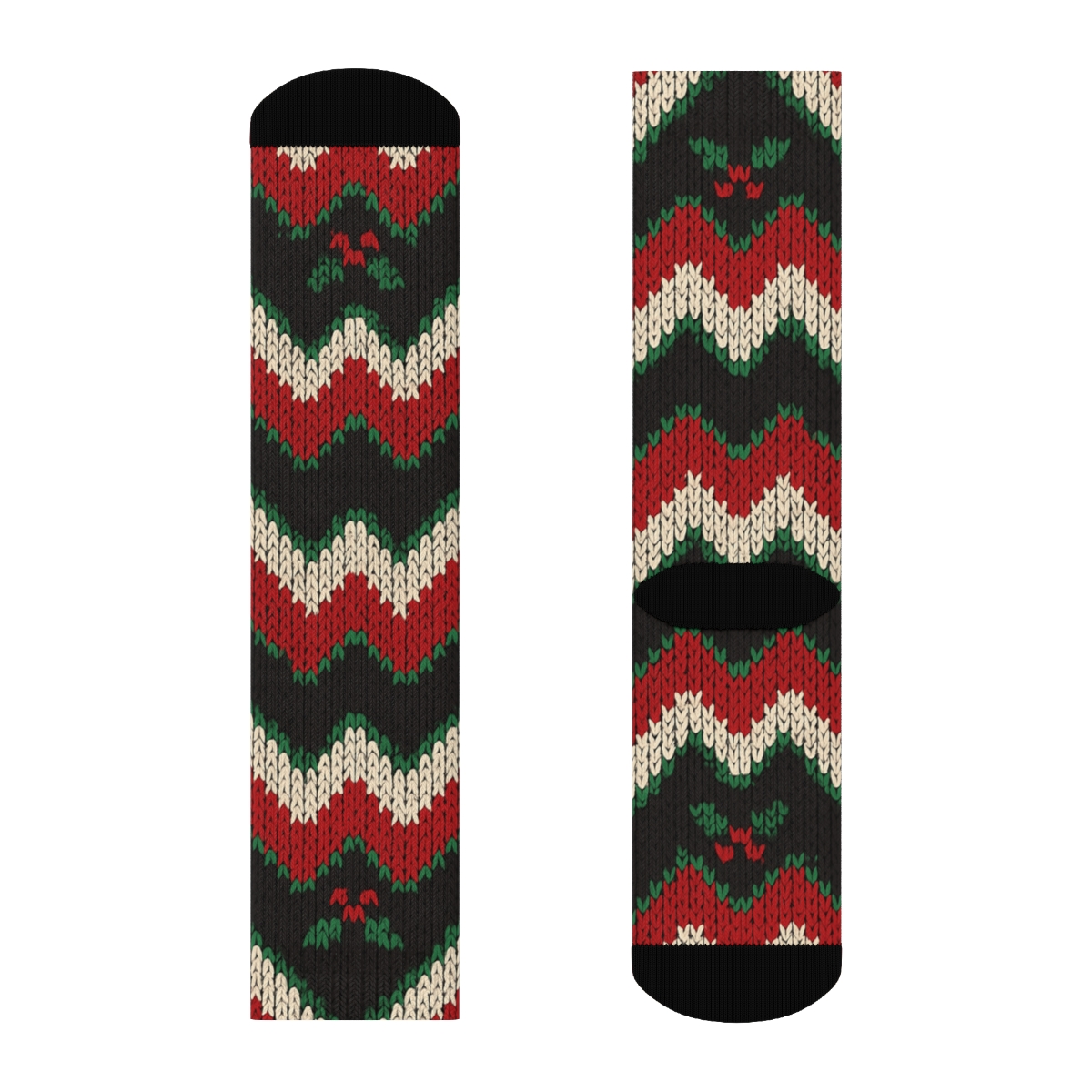 Candy Canes Chevron Knit Texture On Black designer printed crew socks